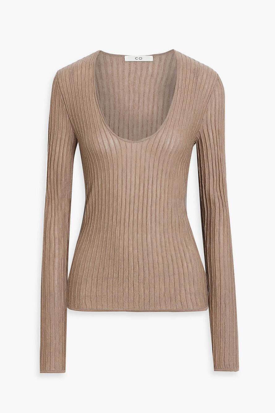 Co Taupe Scoop Neck Ribbed Cashmere Sweater Medium M